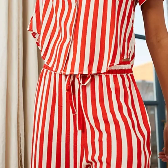 Free People Shiny Nights Pajama Set Wide Legs Red White Pinstripes Siz Small NWT - Picture 13 of 16